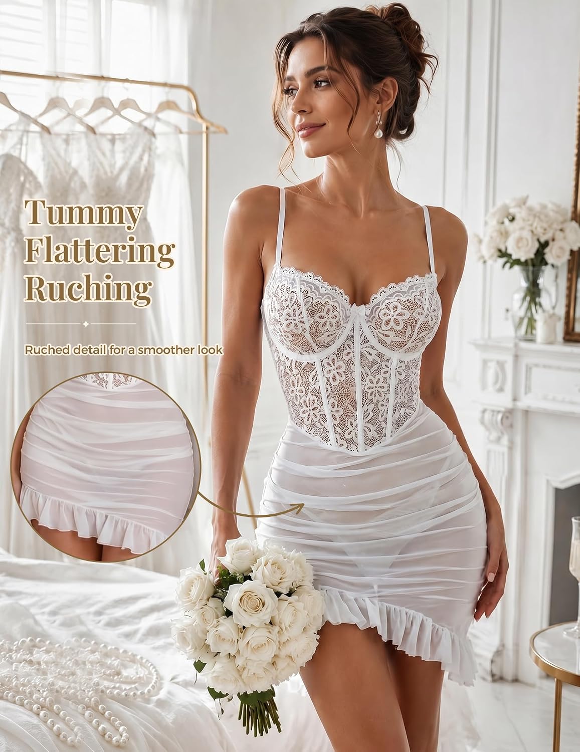 Girece Sexy Lingerie for Women Bridal Lingerie Lace Babydoll Underwire Push Up Nightgown Mesh Ruffle Hem Chemise(White,S)