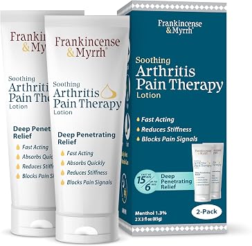 FRANKINCENSE & MYRRH Arthritis Pain Therapy Lotion, Dr Approved 3oz, 2 Pack | Two 3 oz tubes. Deep penetrating & fast relief. Menthol + 9 essential oils soothe joints, muscles & back pain. Fast relief.