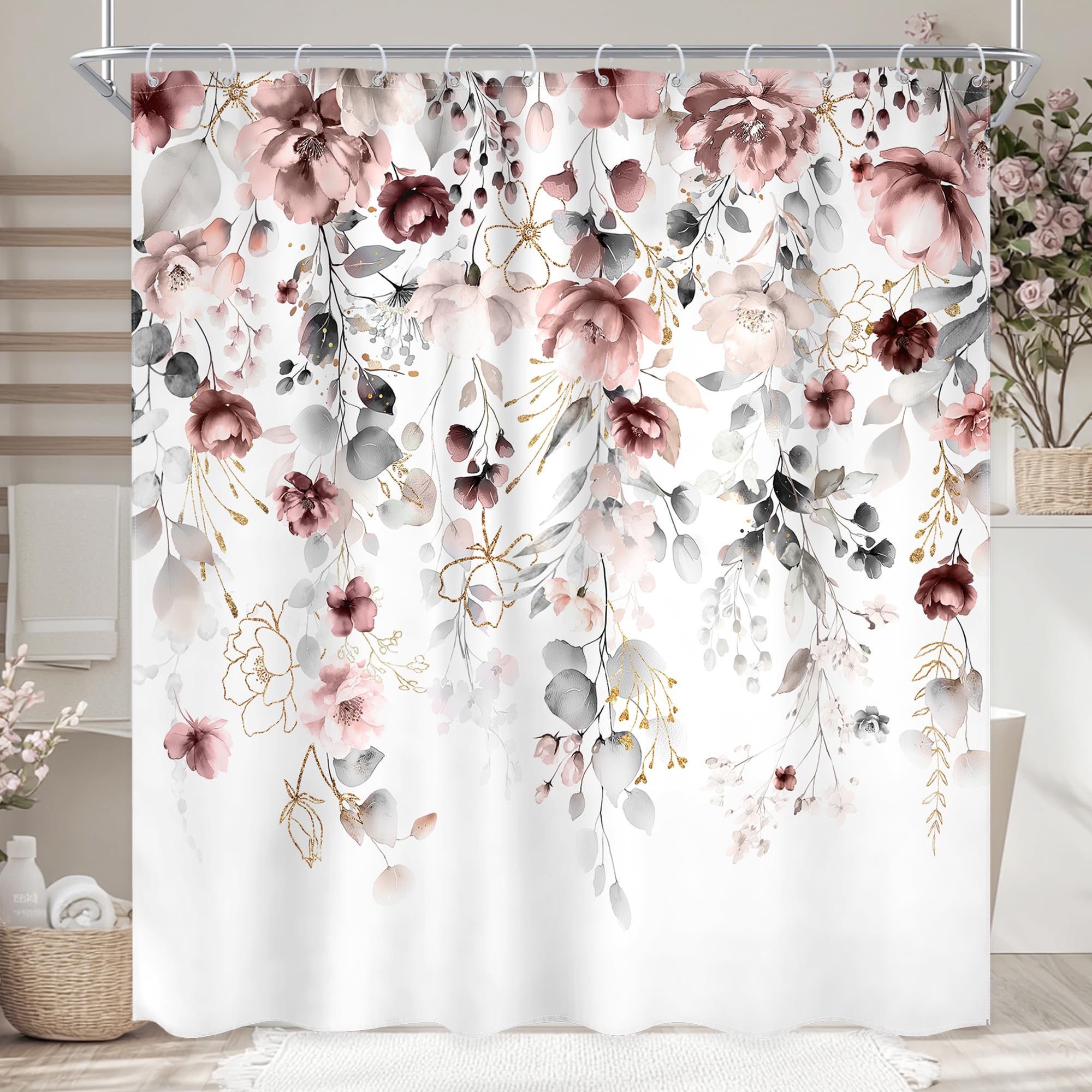 Ufeela Floral Flower Shower Curtain 72Wx72L Inch Grey Pink Floral Blossom Leaves Girls Watercolor Eucalyptus Botanical Wildflower Plant Bathroom Set