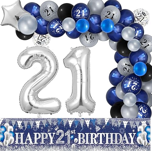 Pancarta de 21 cumpleaños azul marino plateado con 61 globos de látex con el número 21, globos de aluminio para hombres y mujeres, suministros de