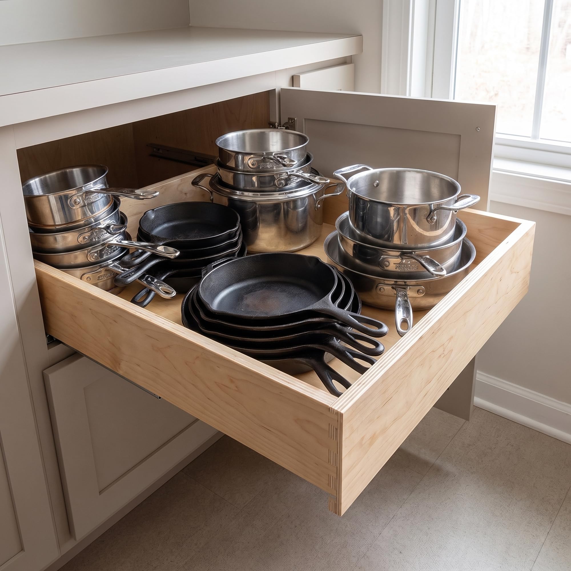 SlidingSusan Organizador de cajones extraíble para armarios, estantes deslizantes de cierre suave para cocina, despensa y organización de almacenamiento, instalación rápida de bricolaje, madera de