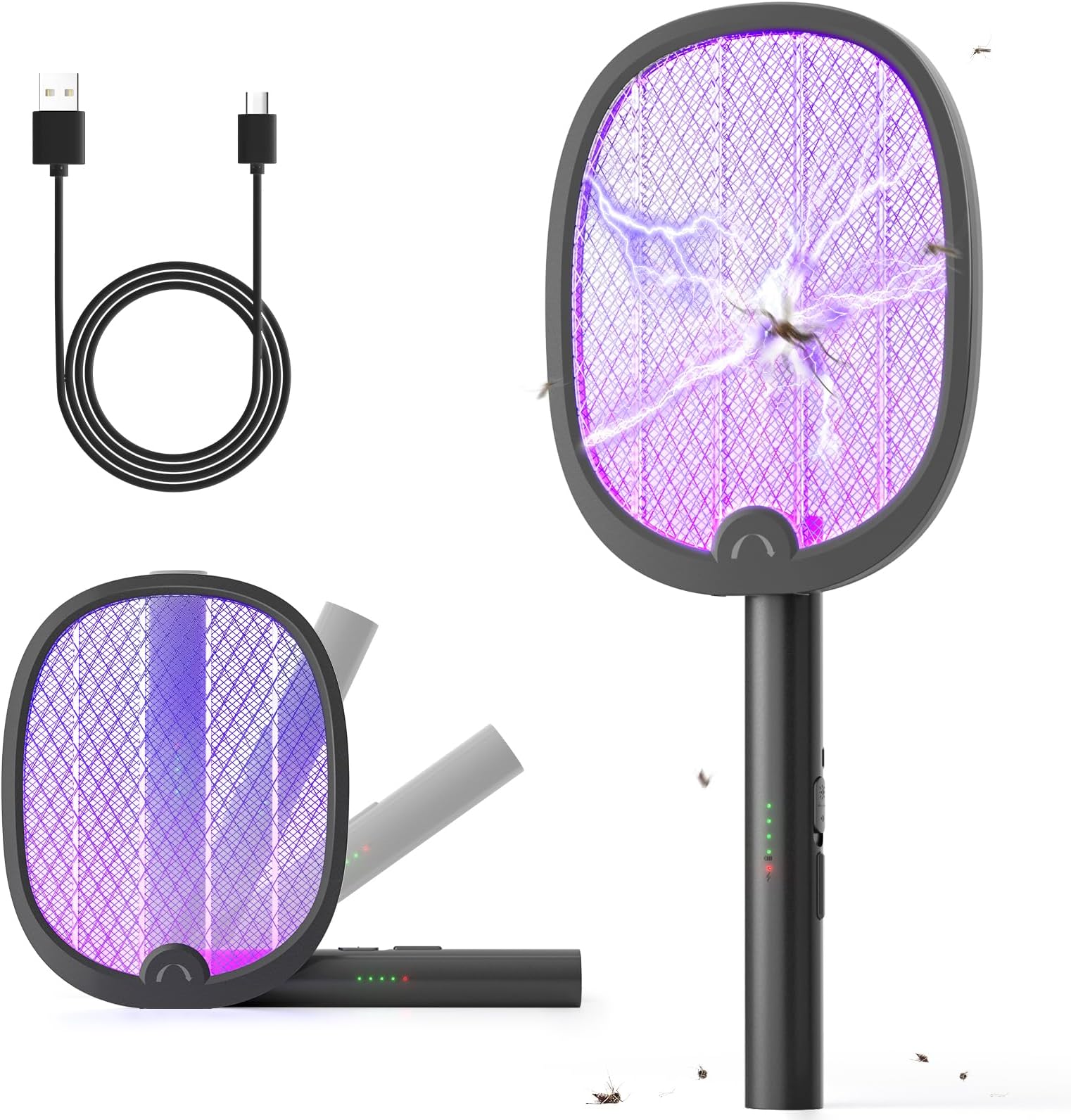 YISSVIC Electric Fly Swatter Foldable Bug Zapper Racket 2 in 1 Mosquito Killer with Purple Attractant Light Rechargeable 1800mAh for Indoor Home Backyard Patio Camping