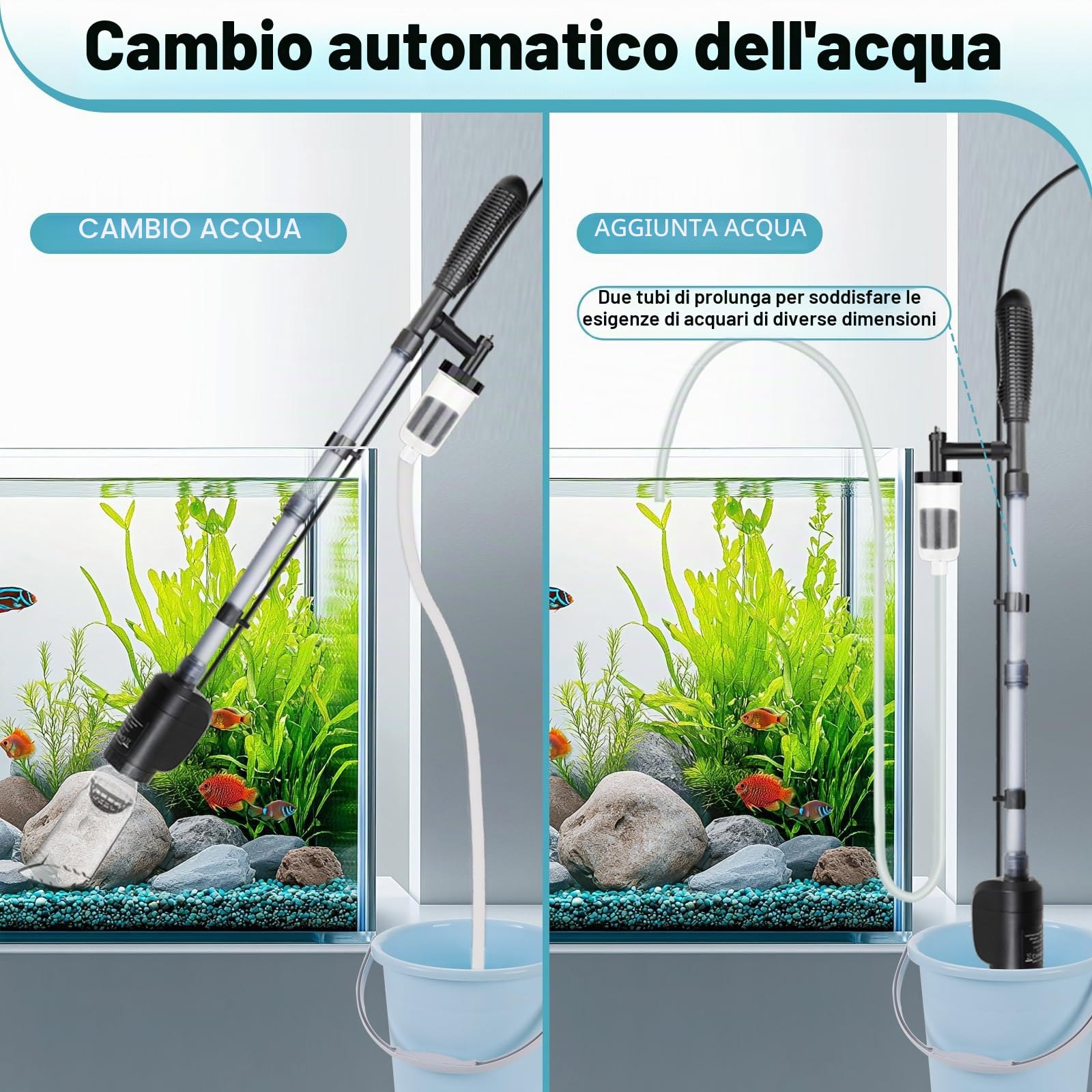 AQQA Pulitore automatico per ghiaia per acquario, 6 in 1, kit di pulizia automatico per acquario, 20 W, aspiratore per ghiaia, per lavare sabbia, acqua, doccia e circolazione dell'acqua