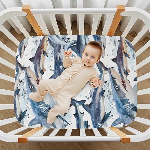 Miniatura 7 de Kigai Fitted Crib Sheet for Boys Girls,Vintage Sharks Jersey Knit Baby Sheet for Standard Crib and Toddler Bed Mattresses, Cozy Soft Breathable, 28