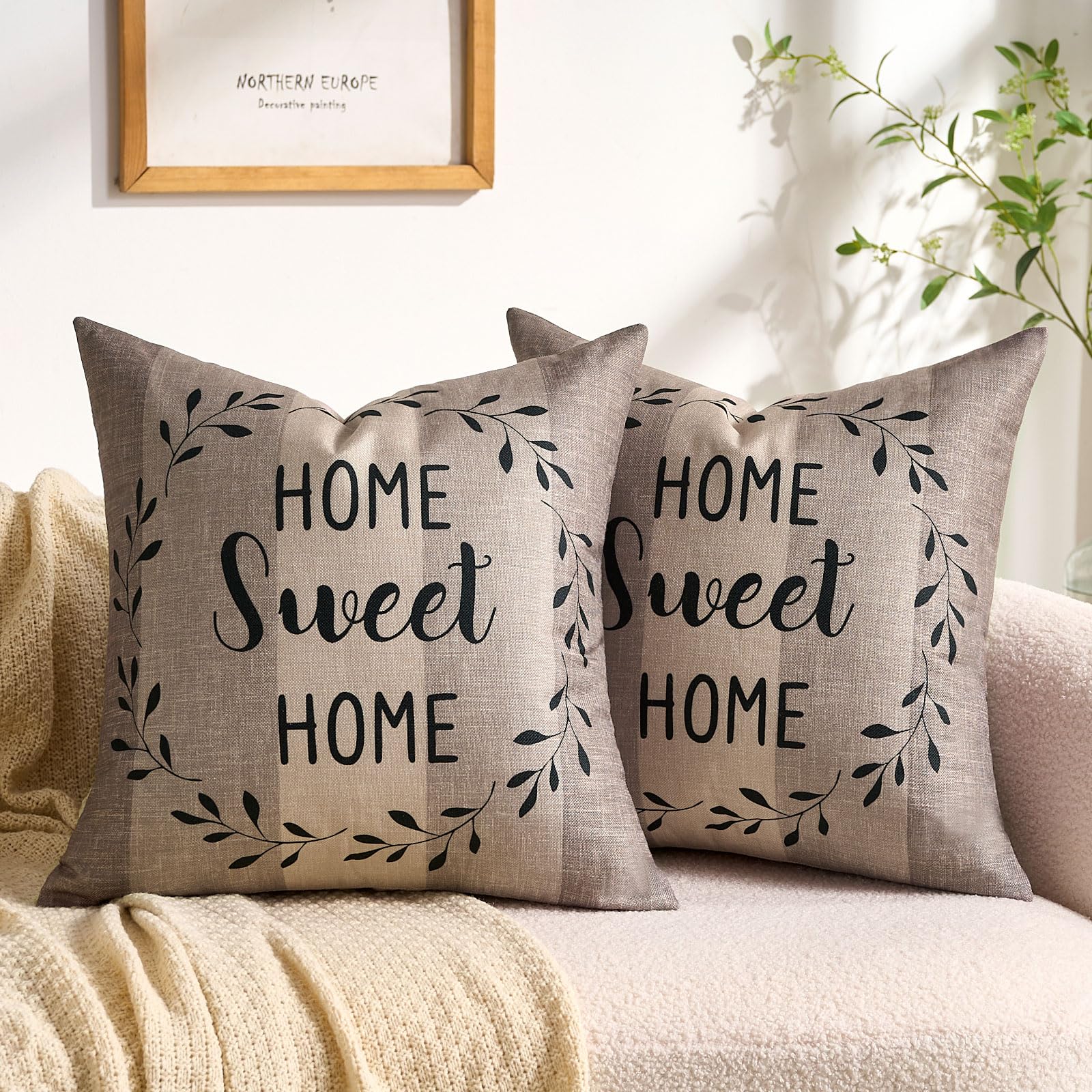 Set Di 2 Federe Per Cuscino 40x40 Cm In Peluche Morbido Con Motivo A Righe E Cerniera Nascosta, Beige - copertina