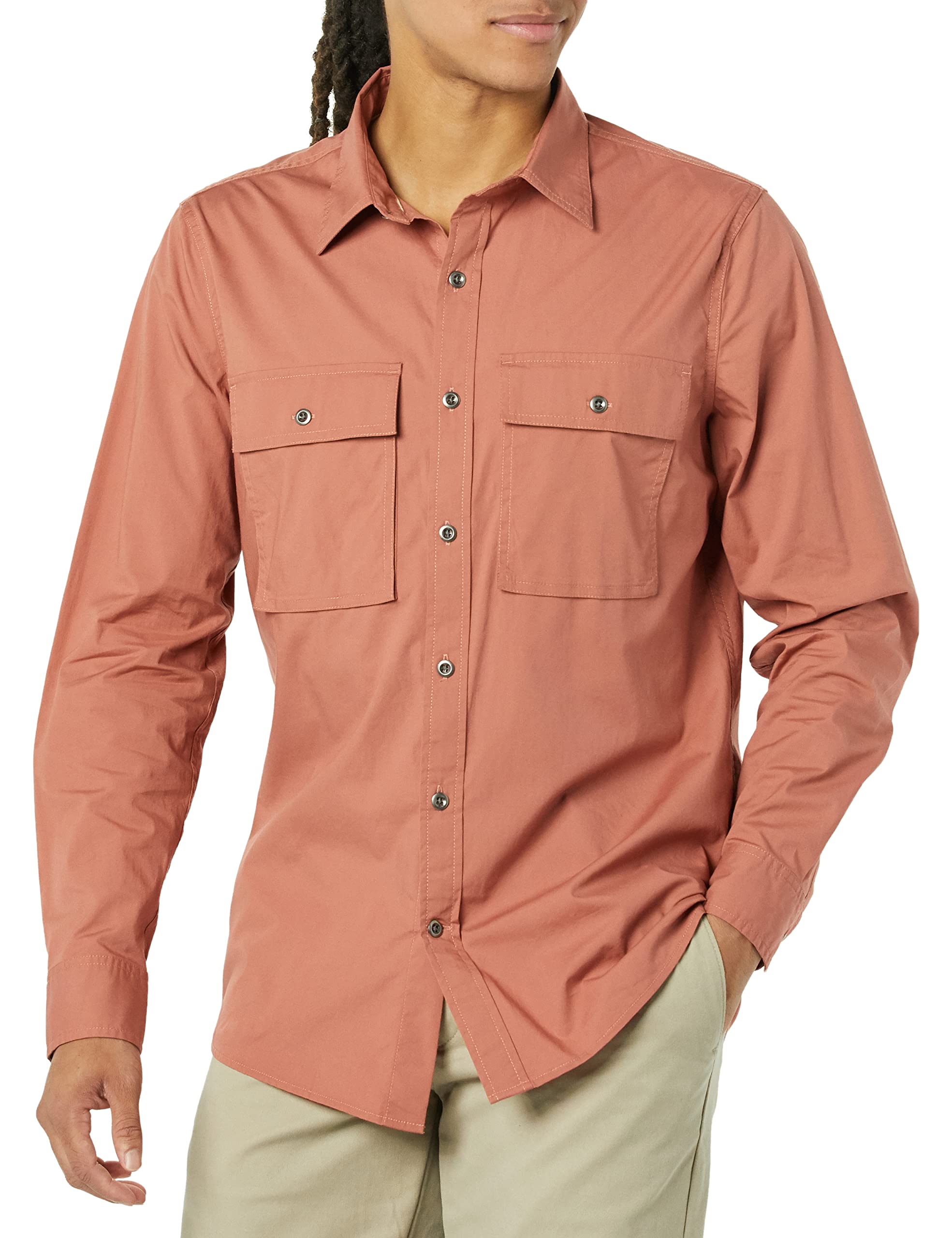 Photo 1 of Amazon Essentials Men's Standard-Fit Long-Sleeve Two-Pocket Utility Shirt, Clay, Large Tall