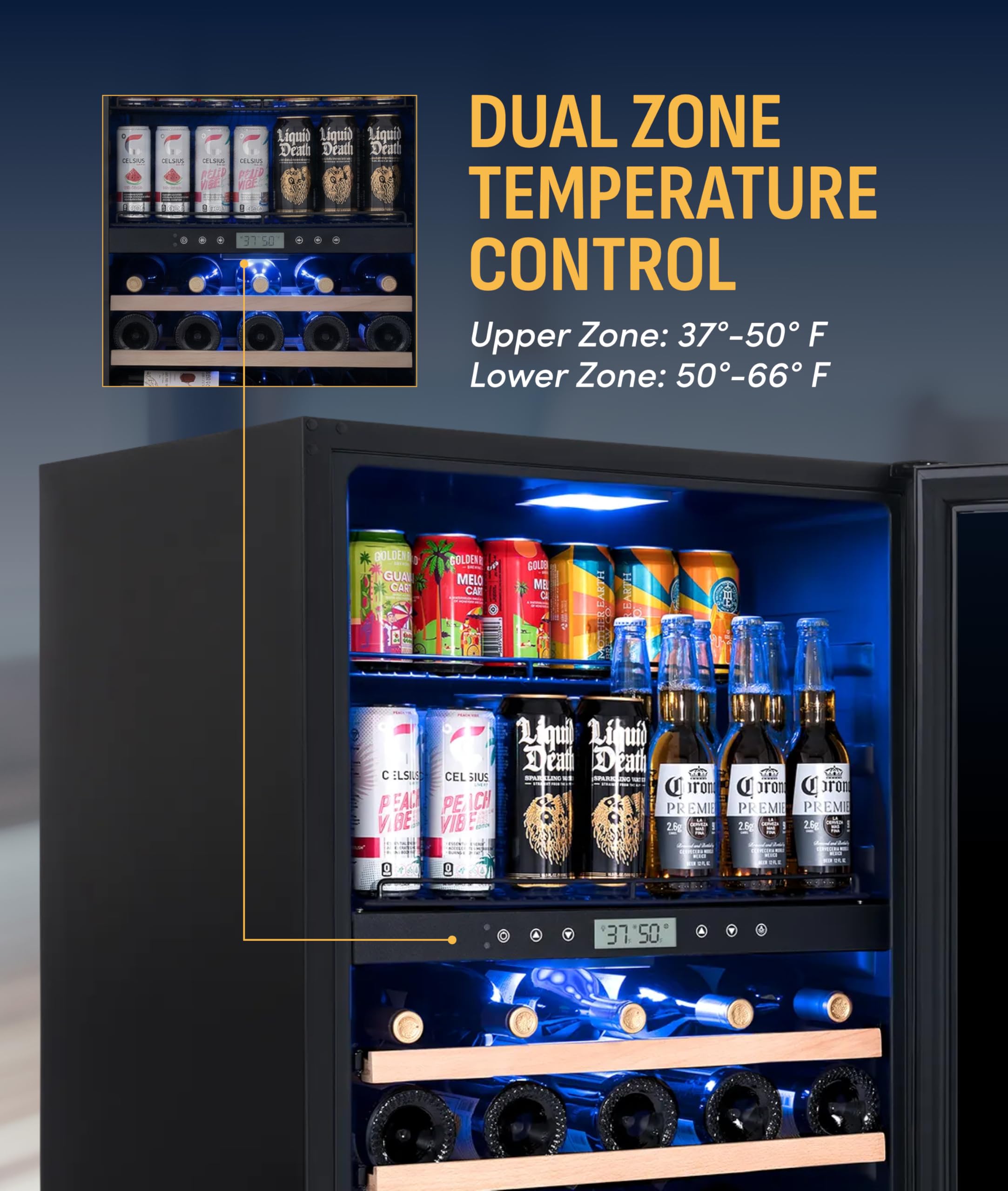 NewAir 24" Dual Zone Beverage Refrigerator & Wine Cooler For 24 Bottles & 100 Cans | Freestanding Or Built-In Under Counter Mini Fridge For Beer, Wine And Soda | Stainless Steel on Fridge.com - View 5