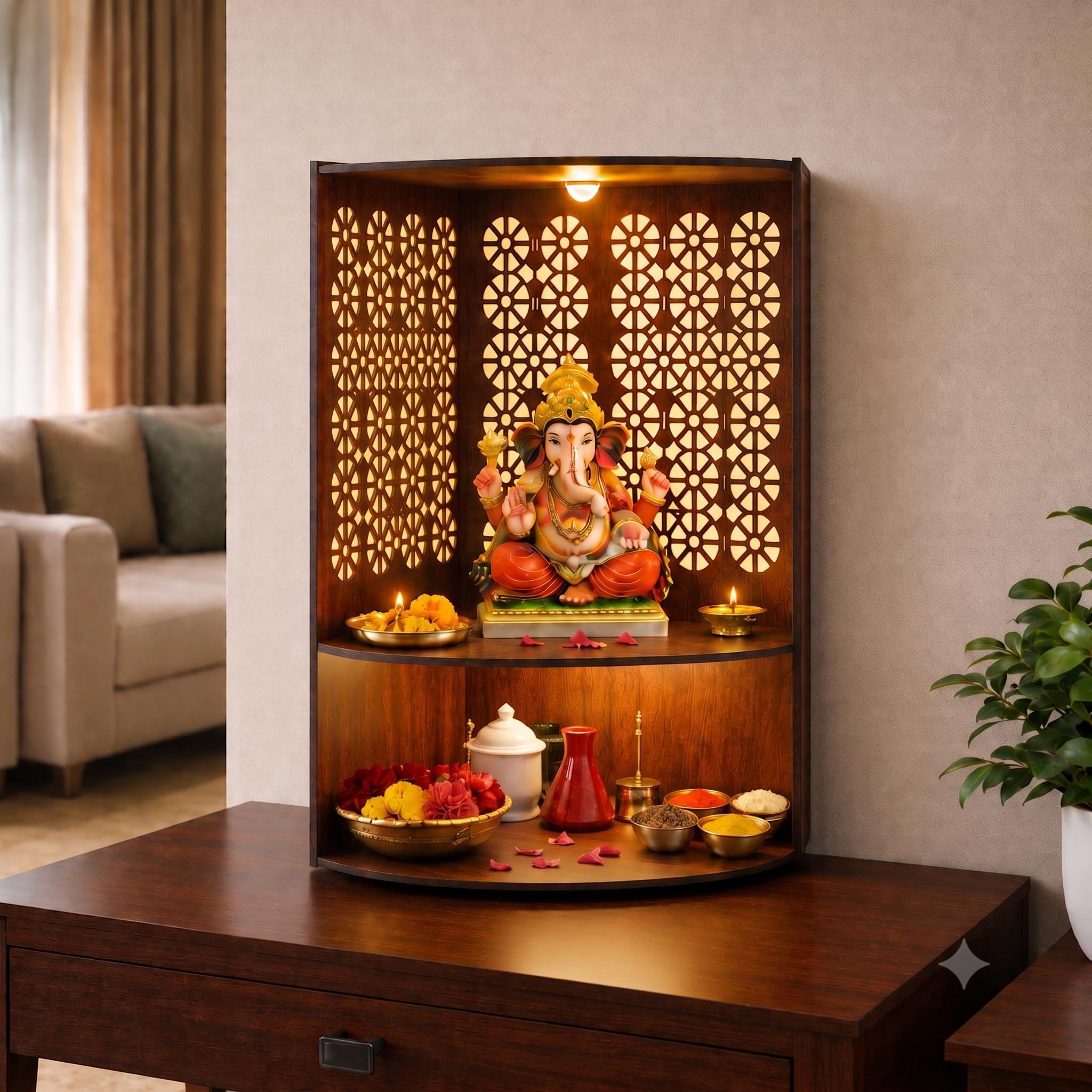 Corner Pooja Mandir for Home & Office with LED Light | Wall Mounted Wooden Temple for Corner | Compact Devghar for Home, Living Room & Prayer Room | DIY Wall Mandir (17 x 11 x 11 Inch)-image-19