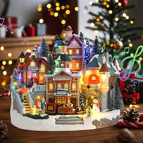 Miniatura 8 de Bdor Pueblo iluminado de Navidad con tren giratorio, 12.2 x 11 x 11 pulgadas, decoración navideña enchufable con música, centro de mesa musical LED