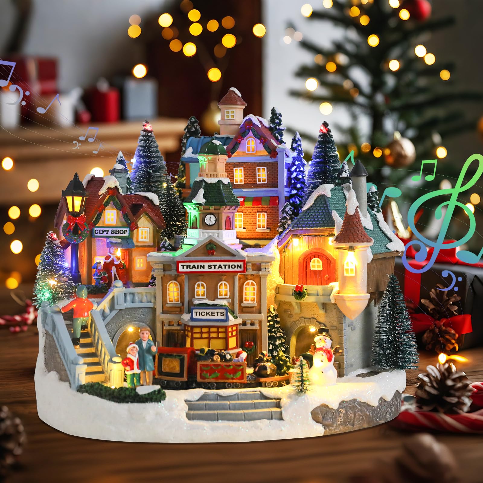 Bdor Pueblo iluminado de Navidad con tren giratorio, 12.2 x 11 x 11 pulgadas, decoración navideña enchufable con música, centro de mesa musical LED festivo para mesa, hogar, tienda de regalos