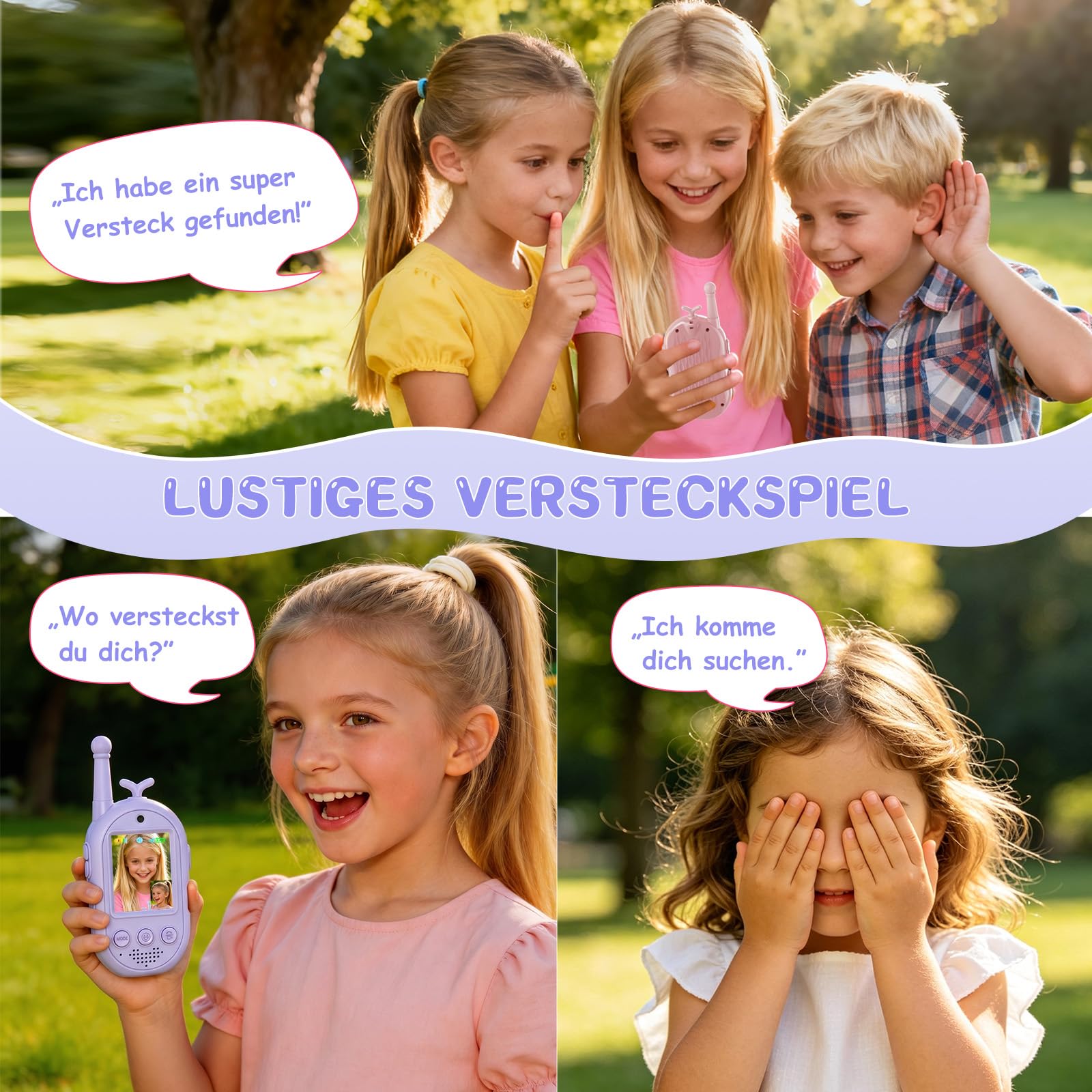 Video Walkie Talkie Bambini, 2 Walkie Talkie Ricaricabili con Display, Comunicazione Radio Bidirezionale, Lunga Portata, Regalo per Bambini e Bambine dai 3 ai 12 Anni. (Rosa + Viola)