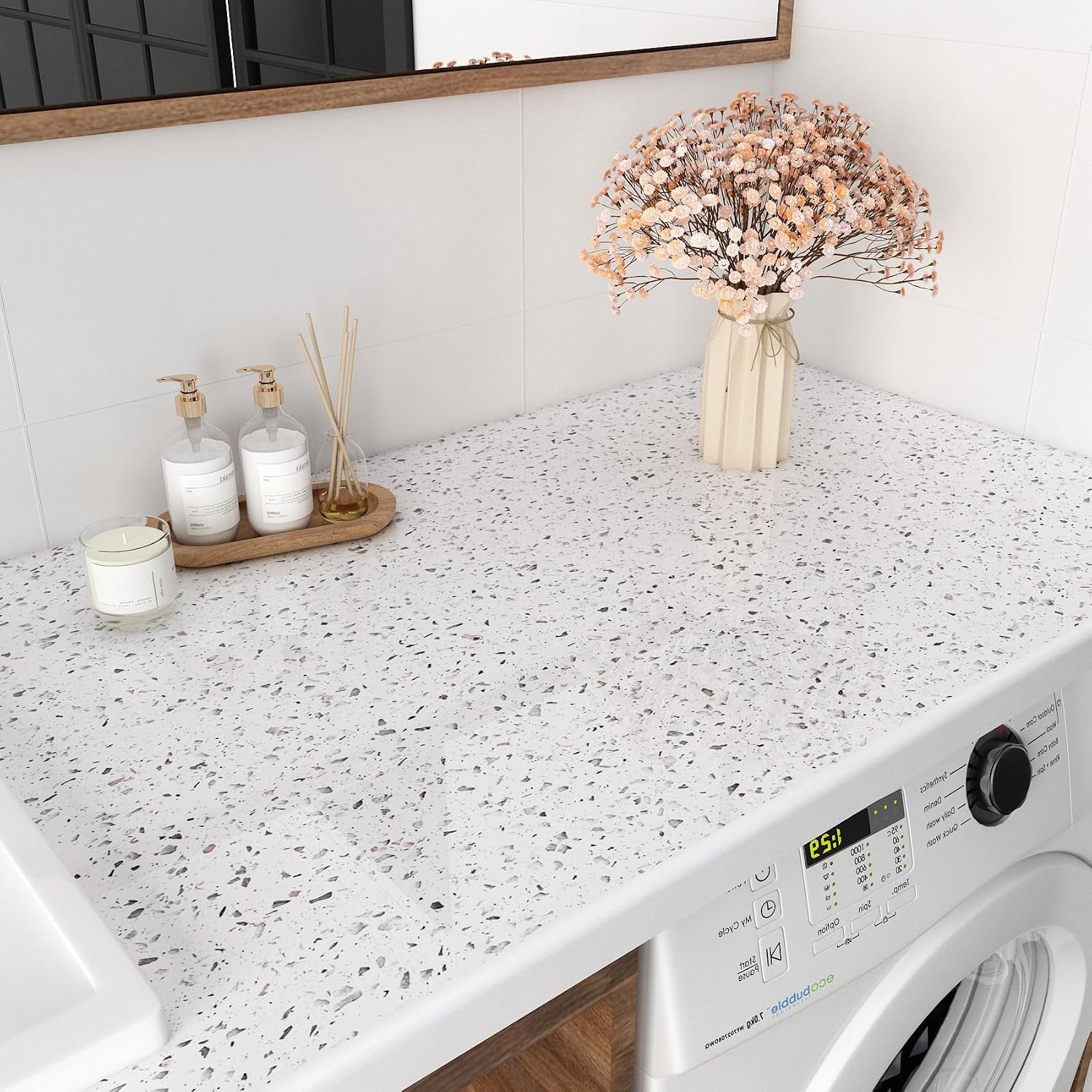 Decotalk 24in X 200in Glossy Granite Contact Paper White Countertop Contact Paper - White Granite Wallpaper Peel and Stick Countertop Vinyl Wrap Glossy Terrazzo Wallpaper for Kitchen