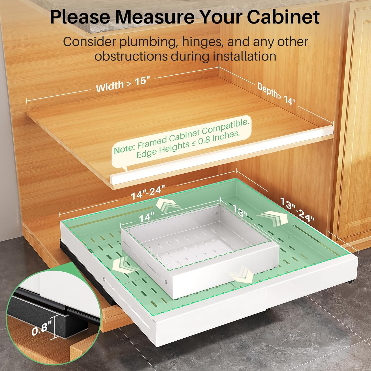 2 Pack Pull out Cabinet Organizer, Expandable Width(14"-24"), Depth(13"-24") with 3 Rails, Slide Out Drawers With Raising Pad for Framed Cabinets, with Adhesive Film for Cabinets in Kitchen, White