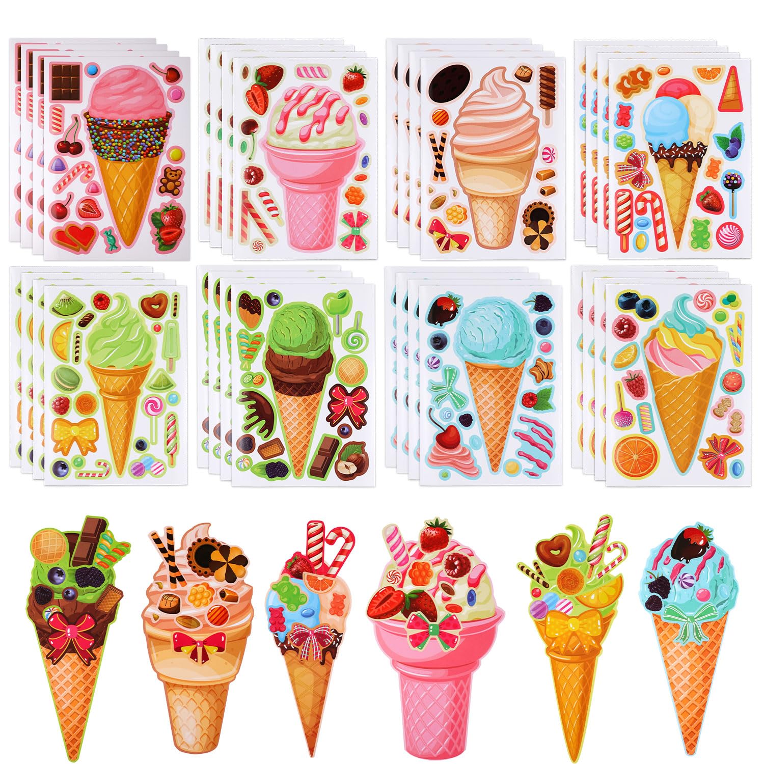 32pcs Ice Cream Stickers, Summer Dessert Stickers for Kids Make Your Own Ice Cream Stickers Make a Face Ice Cream Decals DIY Mix & Match Party Favors for Water Bottles Party Games Laptop