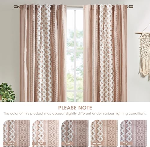 Miniatura 7 de INK+IVY - 1 Cortina Imani 100 % algodón con rayas de felpilla copetuda, estampado geométrico, aspecto medio siglo, bolsillo de barra, para sala,