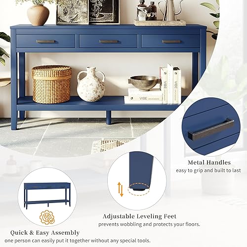 Miniatura 220 de Mesa consola de madera maciza de 48 pulgadas, mesa auxiliar moderna para sofá de entrada con 3 cajones de almacenamiento y 2 estantes. Fácil de