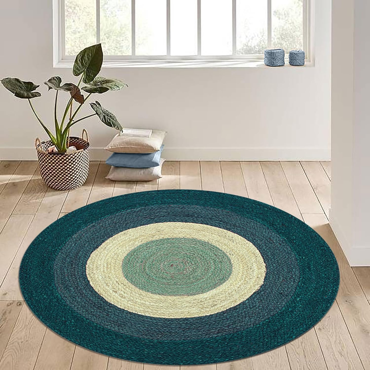 3' Round Area Rug Kilim Rug Green Braided Jute Rug Indoor Outdoor Rug Flatweave Rug High Traffic Area Bedroom Bedside Round Dining Side Kitchen & Yoga Mat