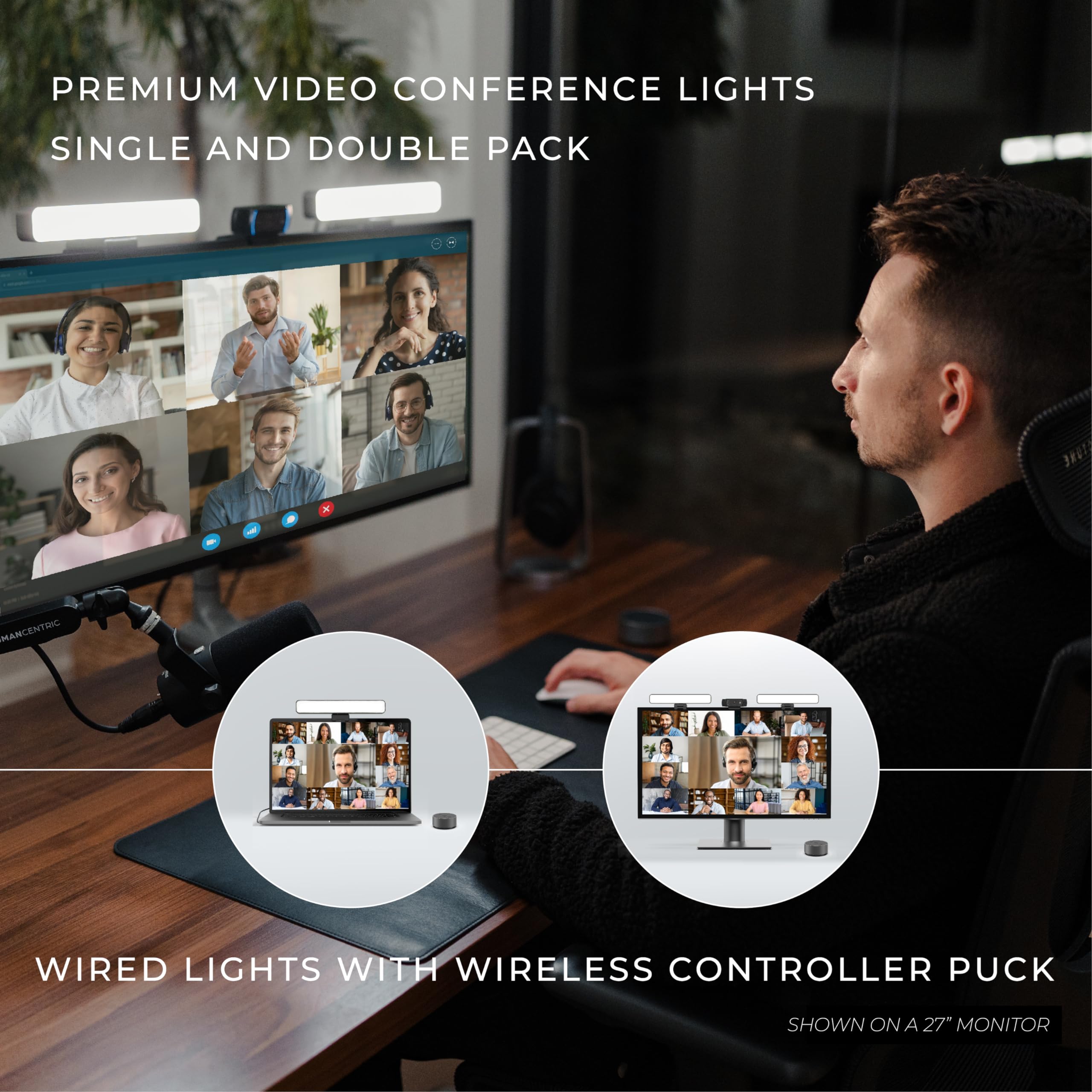 HumanCentric Premium Videokonferenzbeleuchtung für Videoanrufe, HighBeam Pro Light für Zoom Meetings und Streaming, Upgrade Monitor Ringlicht mit LED Webcam Licht, Dual Video Konferenzlicht
