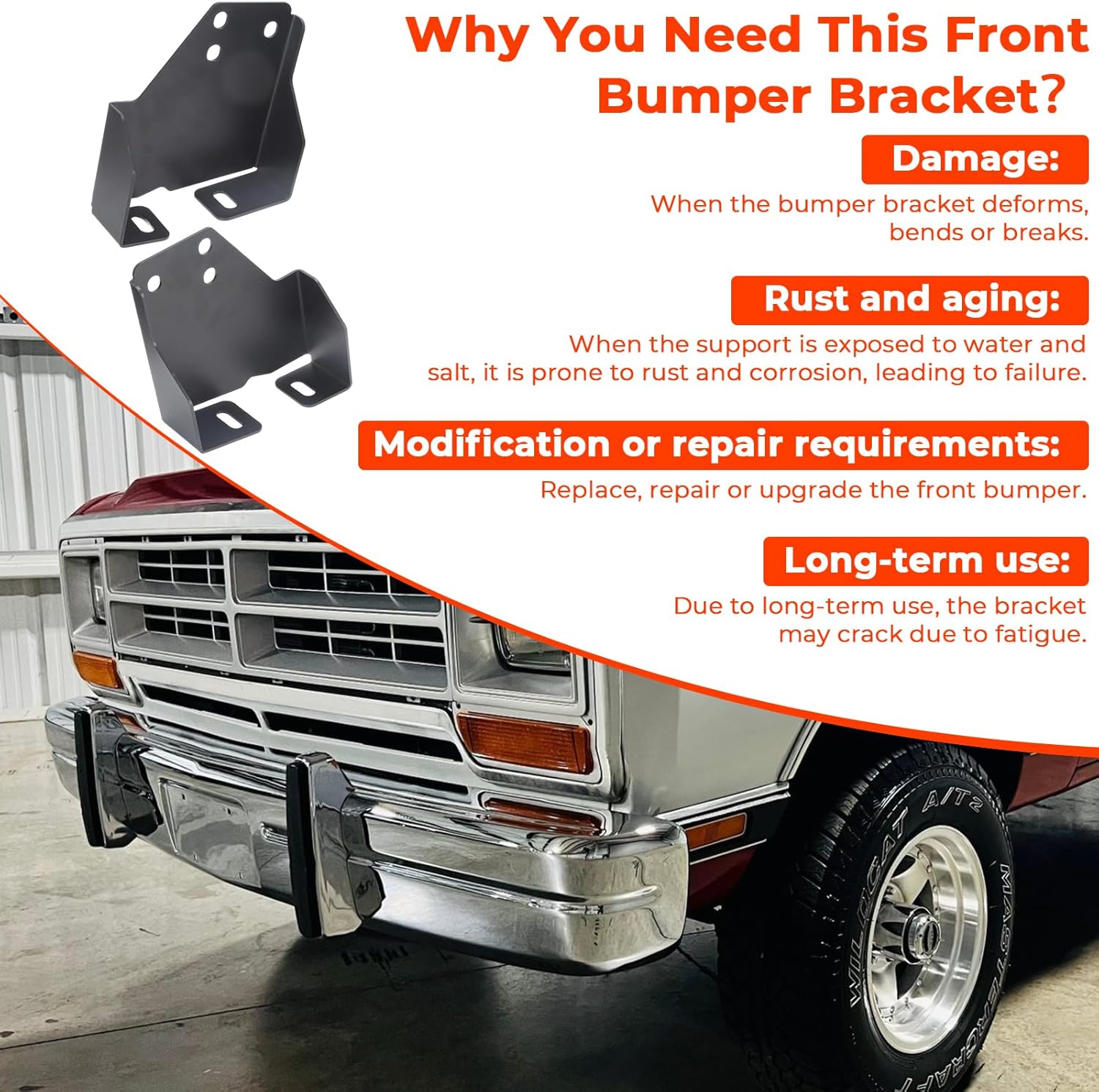 Front Bumper Support Brackets Driver & Passenger Side Pair for 1986-1993 Dodge Ramcharger & Trucks (D/W 150, D/W 250, D/W 350) - for W/D Series, Stainless Steel Replacement Brackets, Left+Right