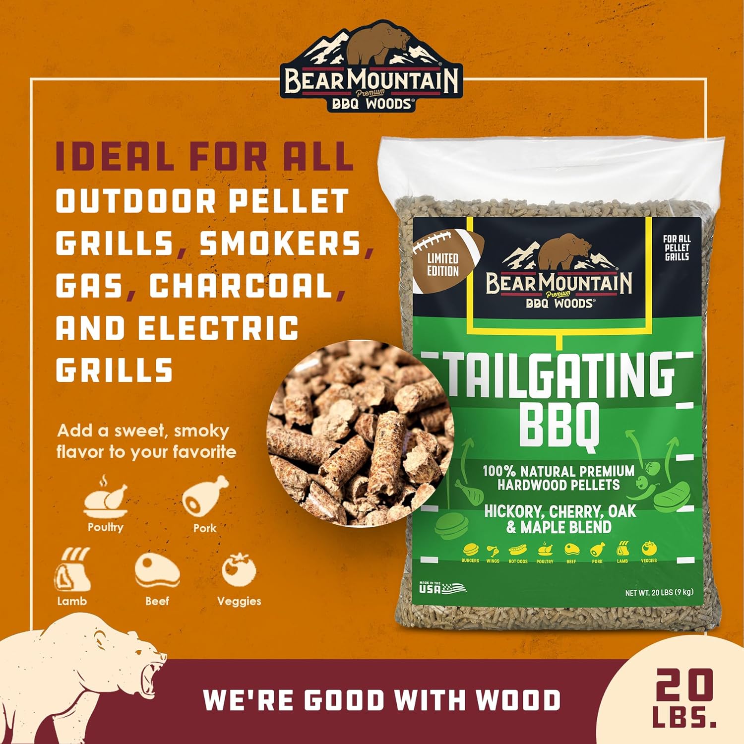 Bear Mountain Tailgating BBQ FK08, Hardwood Pellets for Outdoor Grills and Smokers, Hickory, Cherry, Oak, and Maple Blend, 20 Pounds