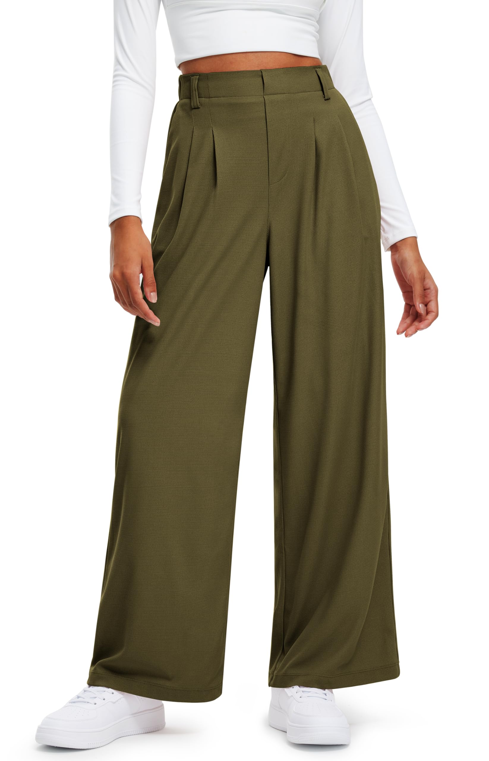 Libin Women's Wide Leg Pants 27"/29" High Waisted Waffle Knit Casual Slacks Work Pants Business Palazzo Trousers with Pockets