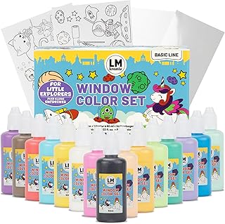 LM-Kreativ Window Color Set – Kleine Entdecker, 15 Fenstermalfarben á 60 ml, inklusive Konturenfarbe Schwarz, 14 fantasievolle Vorlagen, für kreative Fensterbilder und Bastelspaß