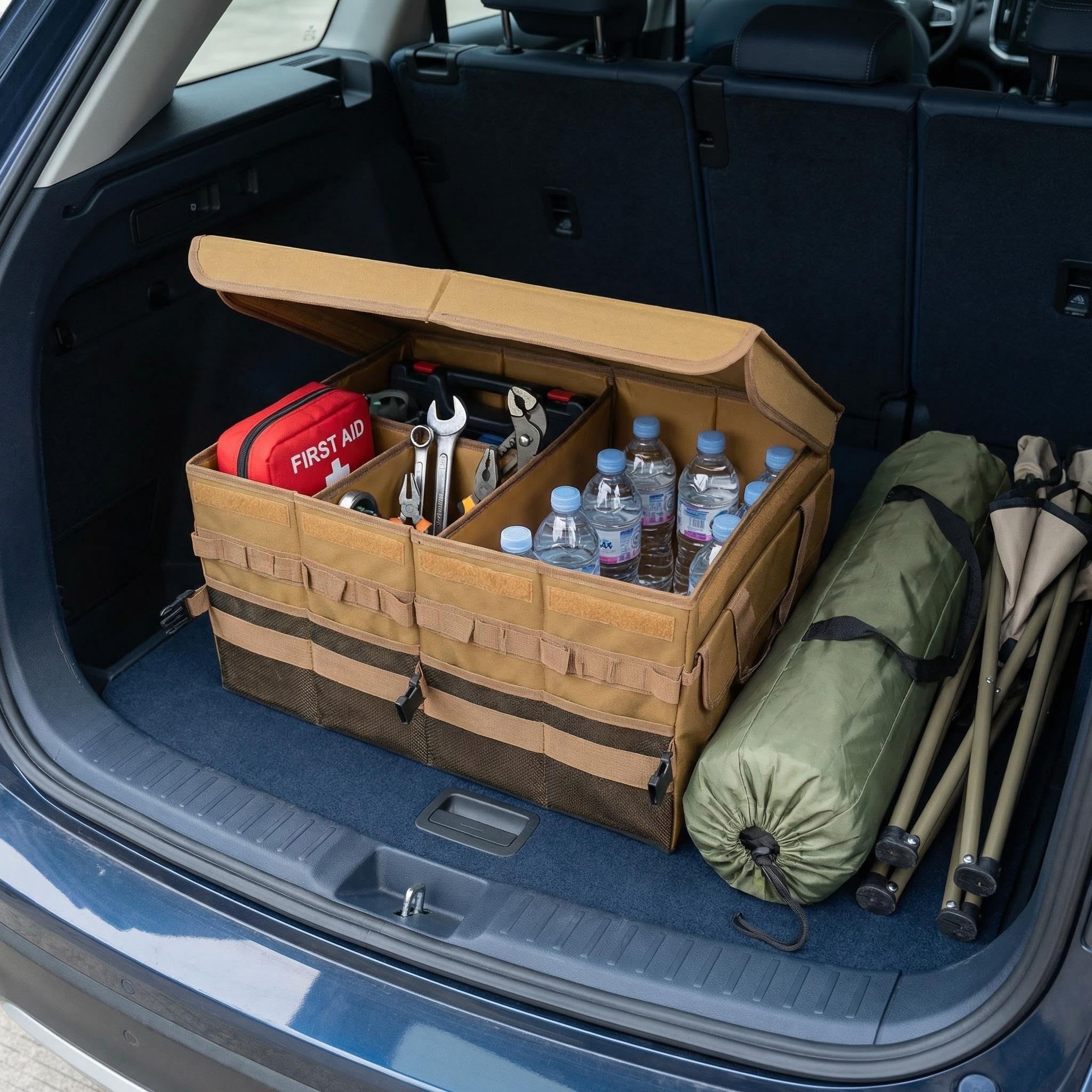 Großer 70 l SUV-Kofferraum-Organizer, Kofferraum-Organizer mit Deckel, faltbare Cargo-Aufbewahrungsbox, braun, 4 Fächer mit Griff, universell für Auto, Limousine, LKW, Camping
