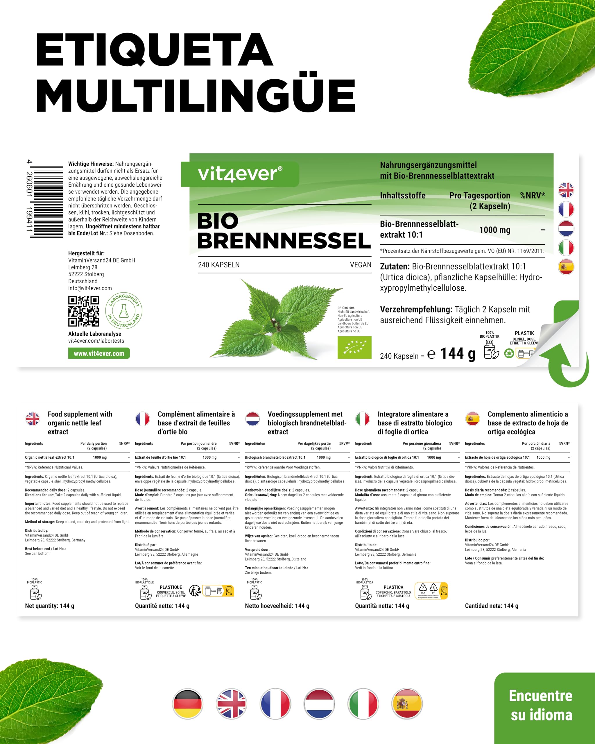 Ortiga orgánica - 240 cápsulas - Altamente dosificado con 1000mg por porción diaria - Extracto de ortiga 10:1 en calidad orgánica certificada - Vegano