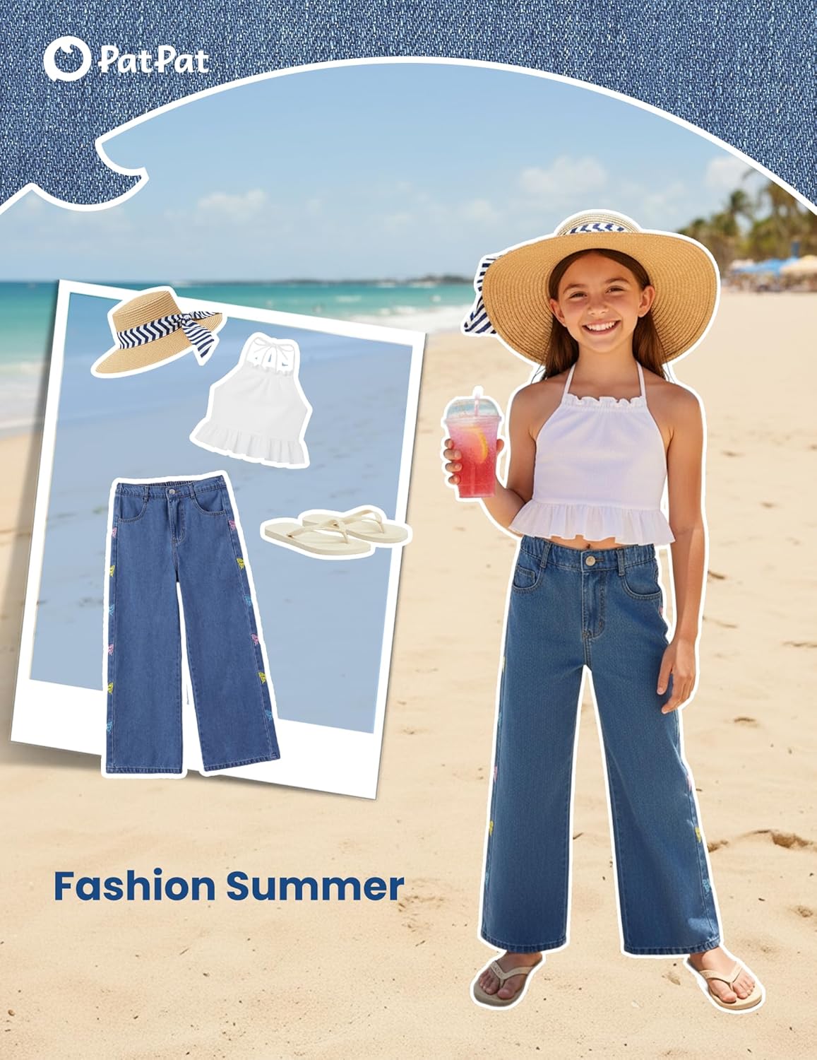 PATPAT Girls Jeans Denim Y2K Elastic Wasit Wide Leg Baggy Jean Trendy Preppy Pants Kids Clothes with Pockets 5-14 Years