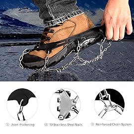 Sfee Ice Snow Grips Crampons Traction Cleats,19 Stainless Steel Spikes for Women Men Kids, Anti Slip Flexible Shoe/Boot Footwear for Walking Climbing Hiking Fishing Outdoor(Black,L(US:8-11))