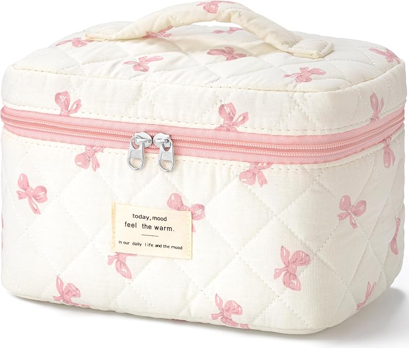 Necessaire de maquiagem HBselect em algodão matelassê com zíper e alça, Pink Bow-05