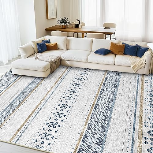 BESTSWEETIE 9x12 Area Rugs for Living Room Washable Moroccan Farmhouse Neutral Geometric Low Pile Non-Slip Soft Print Pattern Rug for Bedroom Kitchen Dining Room Entryway Blue/Brown