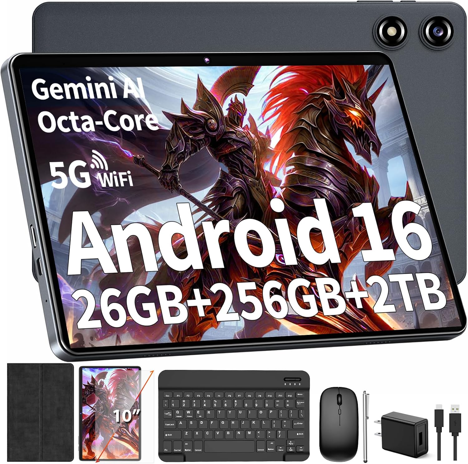 Android 16 Tablet with Keyboard - 26GB+256GB+2TB Expand, Gemini AI-Black