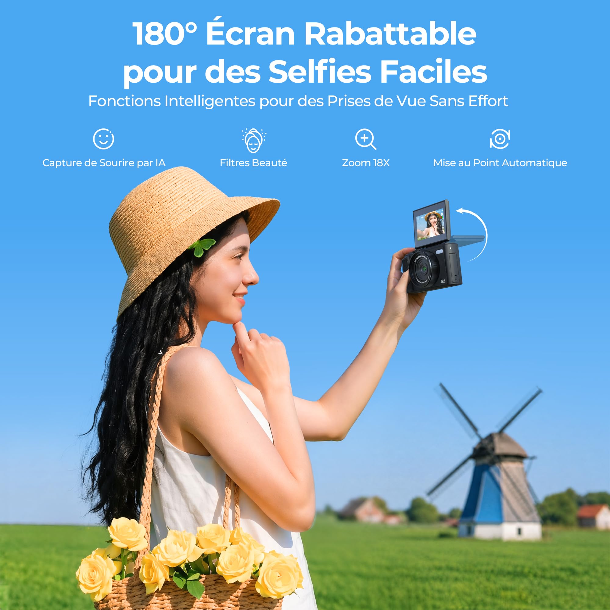 Appareil Photo Numérique 5K 80MP avec WiFi & Autofocus, Caméra Vlogging Youtube, Écran 3" 180° Rabattable, Zoom 18X, Compact Voyage Débutants & Adolescents, INCL. Carte 64GB & 2 Batteries