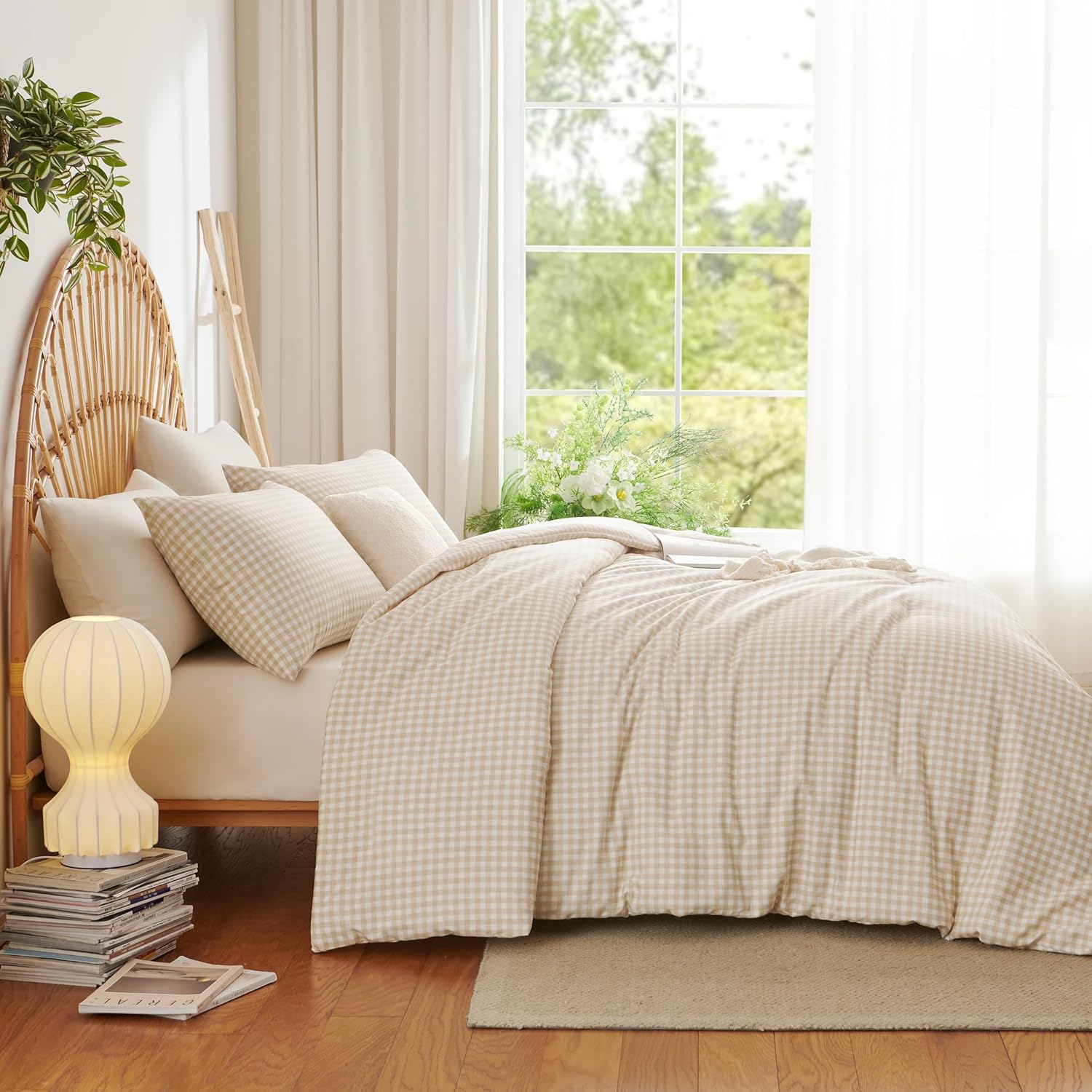 Gingham Comforter Set Twin Size Beige Plaid Checkered Bedding Set Modern Reversible Geometric Grid Comfoter with 1 Pillowcase Soft Lightweight Comforter Set for All Seasons