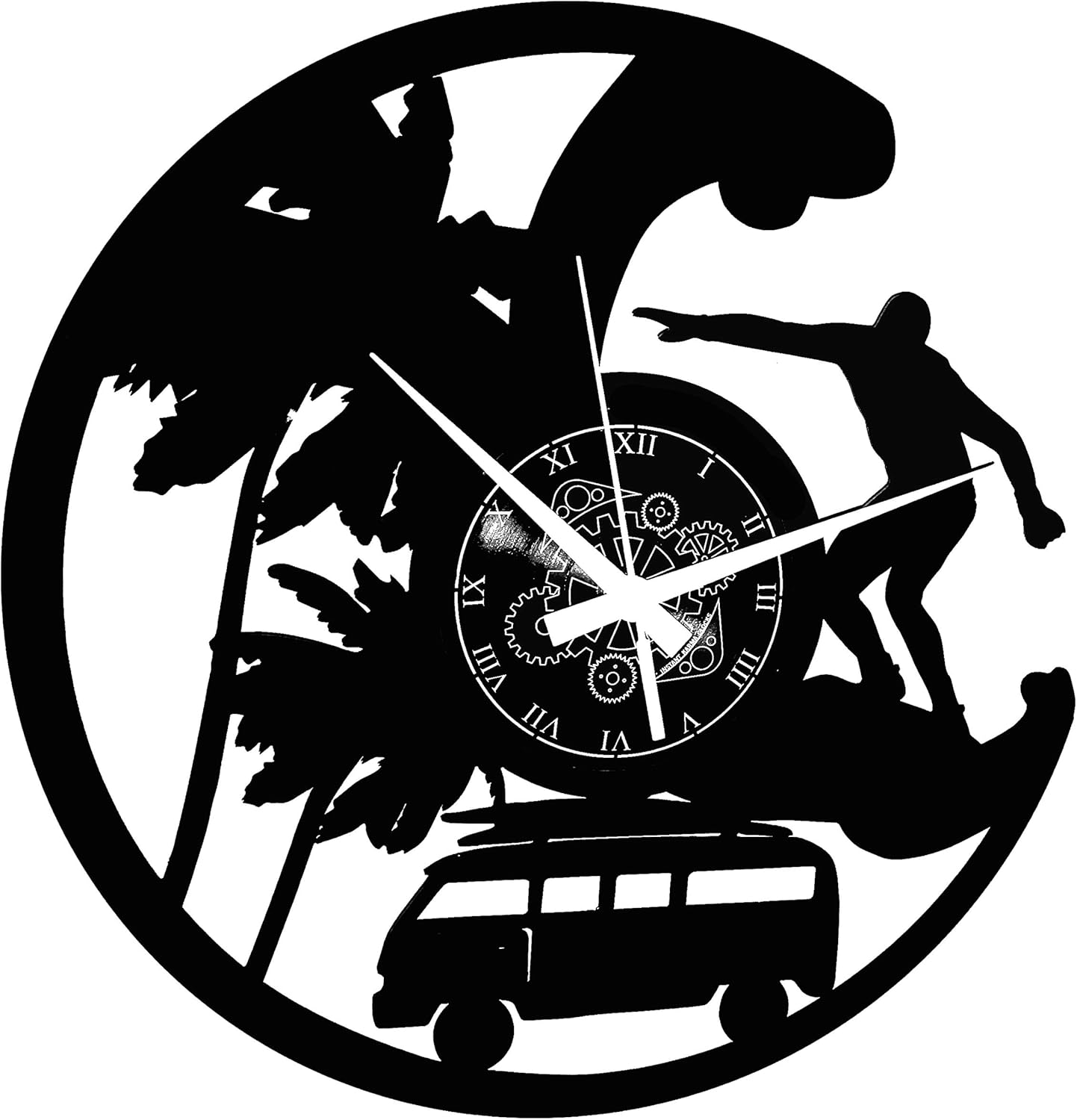 Vinyl Wall Clock Surfing Sea Hippie Ocean Wave Modern Decoration Home, Black