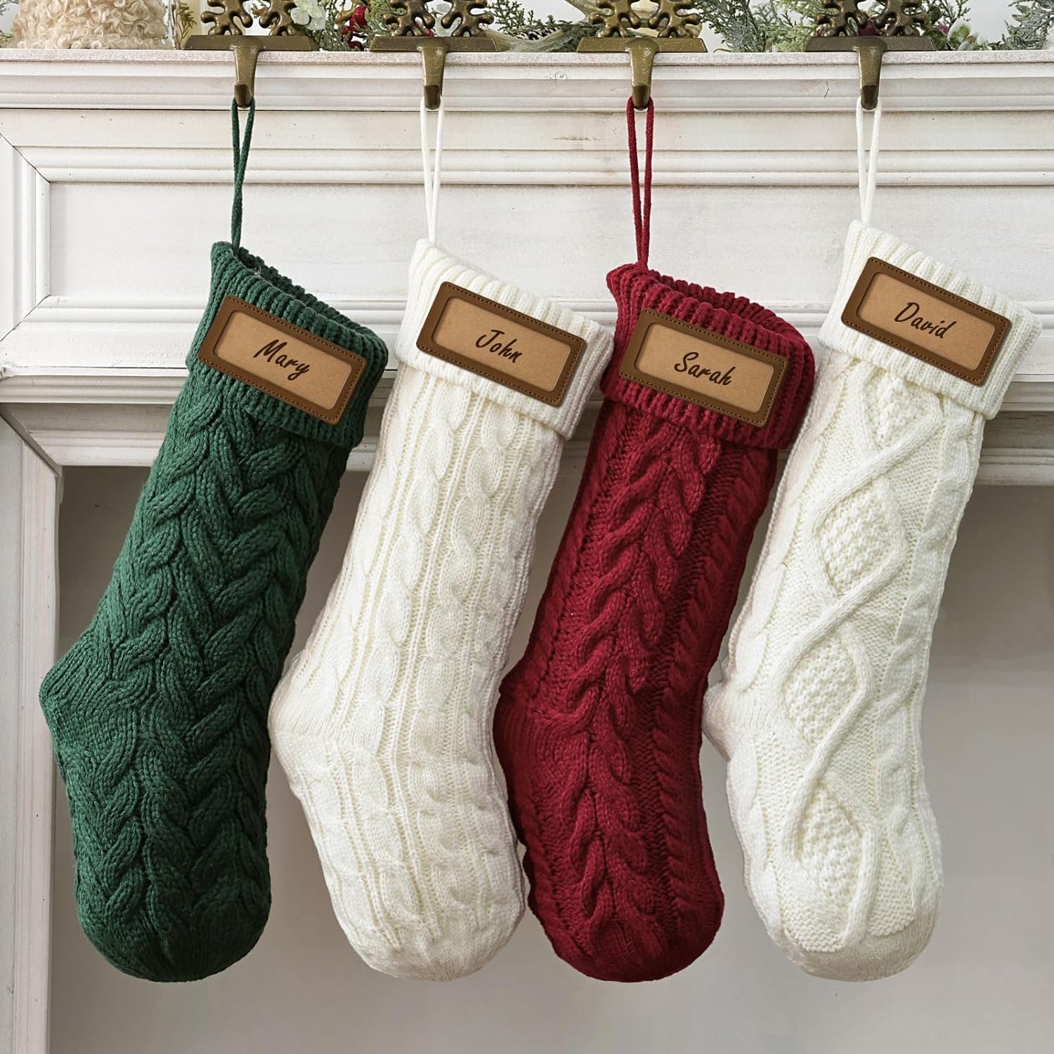 Rustic Knit Personalized Christmas Stockings, 4 Pack 18 inches Knitted Xmas Stockings, Rustic Farmhouse Beige Boho Style Stocking Decorations for Family Holiday Season Decor, Red, Green, White