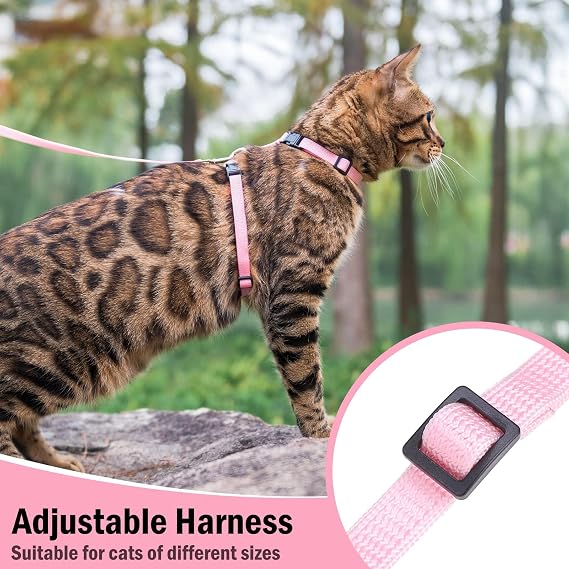 PUPTECK Adjustable Cat Harness and Lead Set Escape Proof Kitten Strap Collar for Walking Travel, Light Pink, S