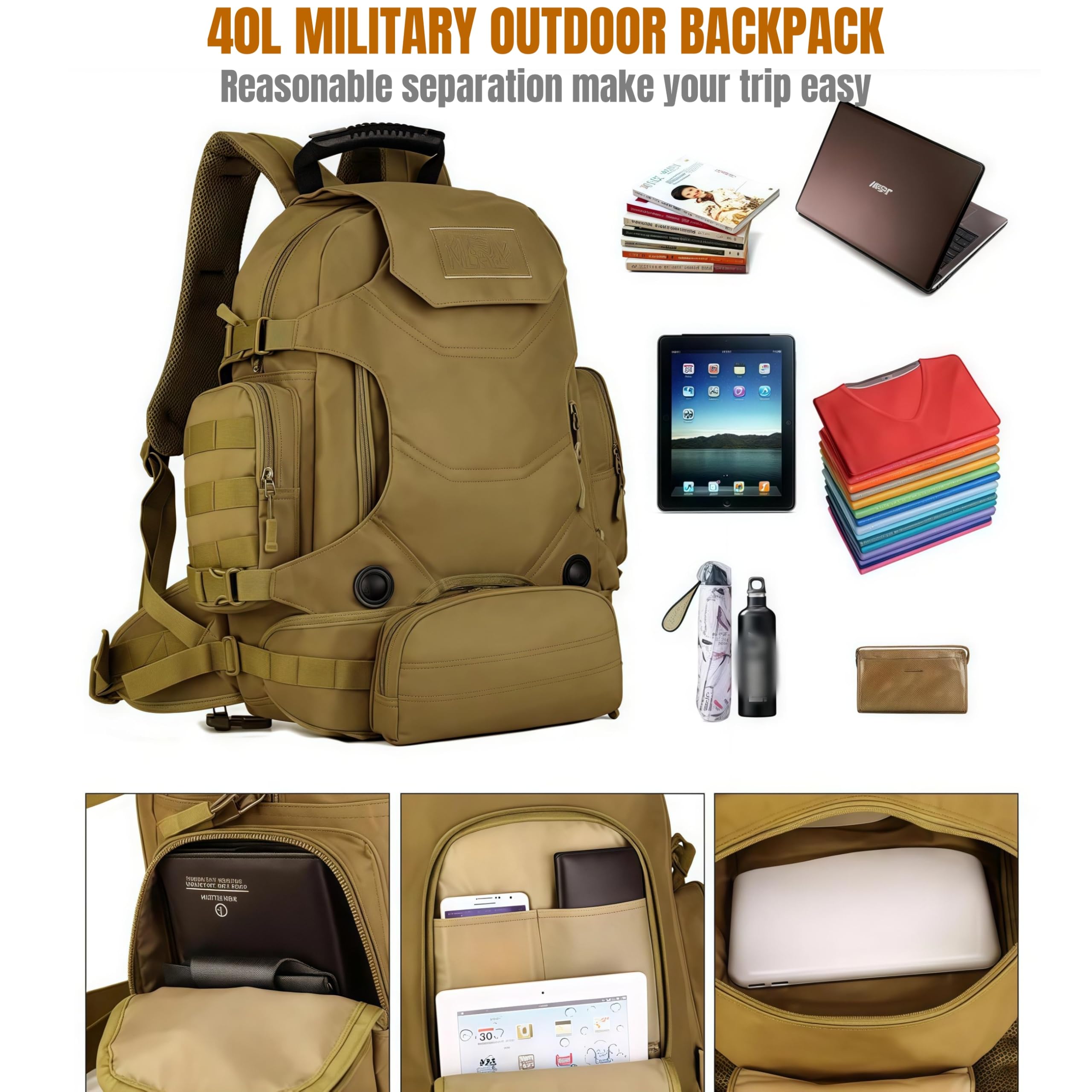 Zaino tattico impermeabile da 40 litri con system MOLLE e marsupio staccabile - 3 modi di trasporto per escursionismo, campeggio, viaggi (Khaki)
