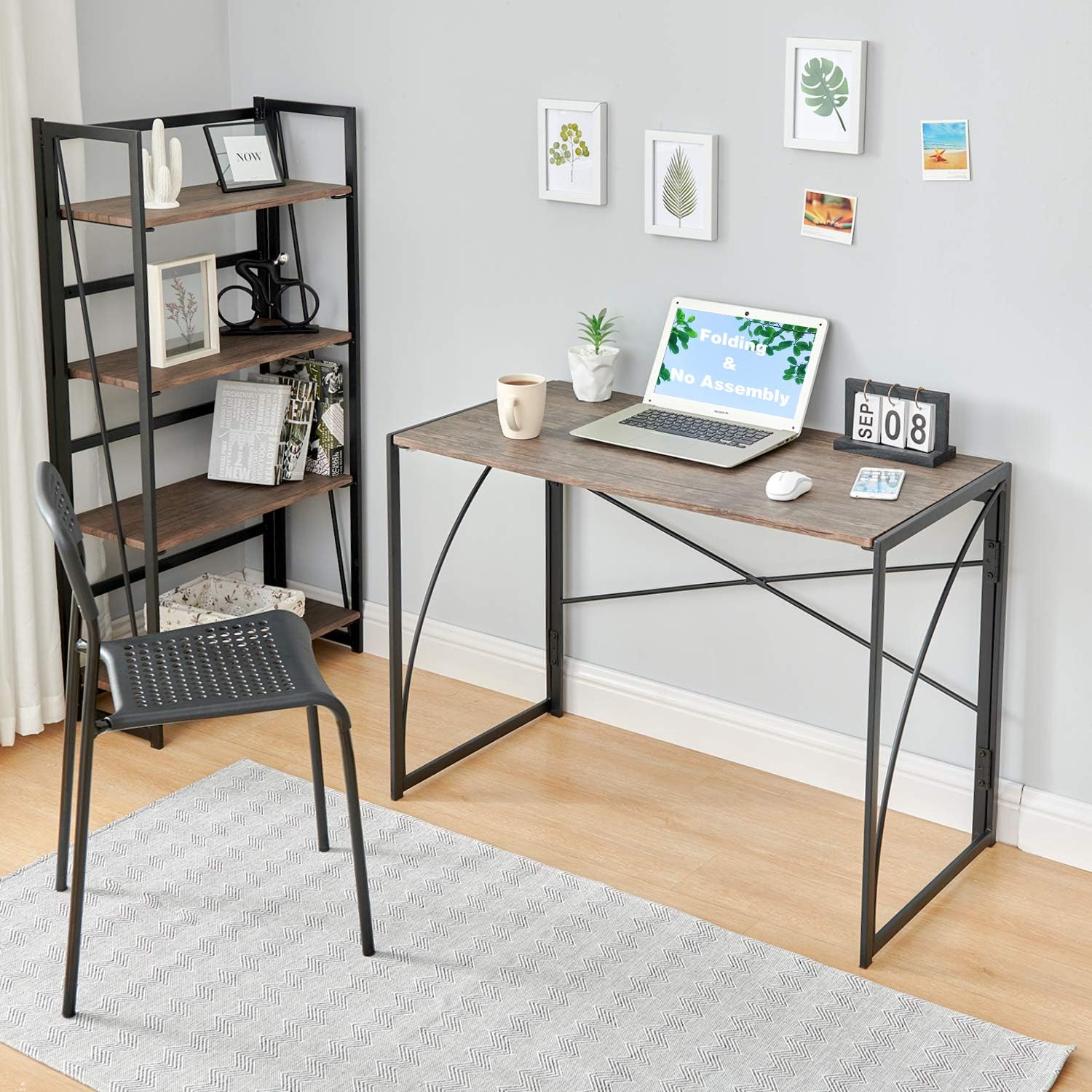 Folding Desk Computer Gaming Desk 40” No Assembly Laptop Desk Small Kids Writing Desk for Home Office Portable Wood Student Study PC Table Modern Space Saving School Work Desk for Bedroom, Brown