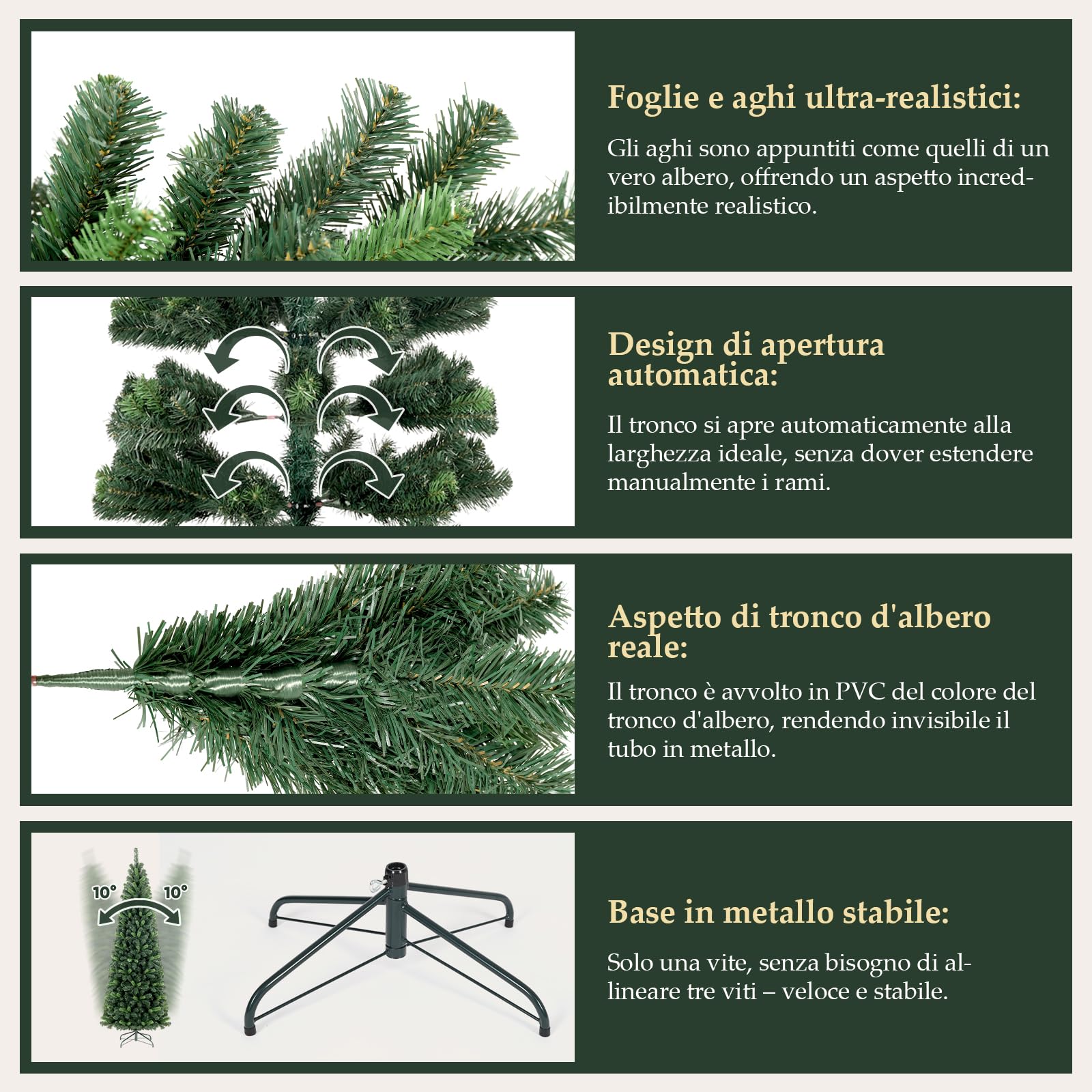 SALCAR Albero di Natale Slim Artificiale 180 cm, Abete di Natale con Guanti e 618 PVC Punte per Rami, Supporto in Metallo, Montaggio Rapido, Ignifugo