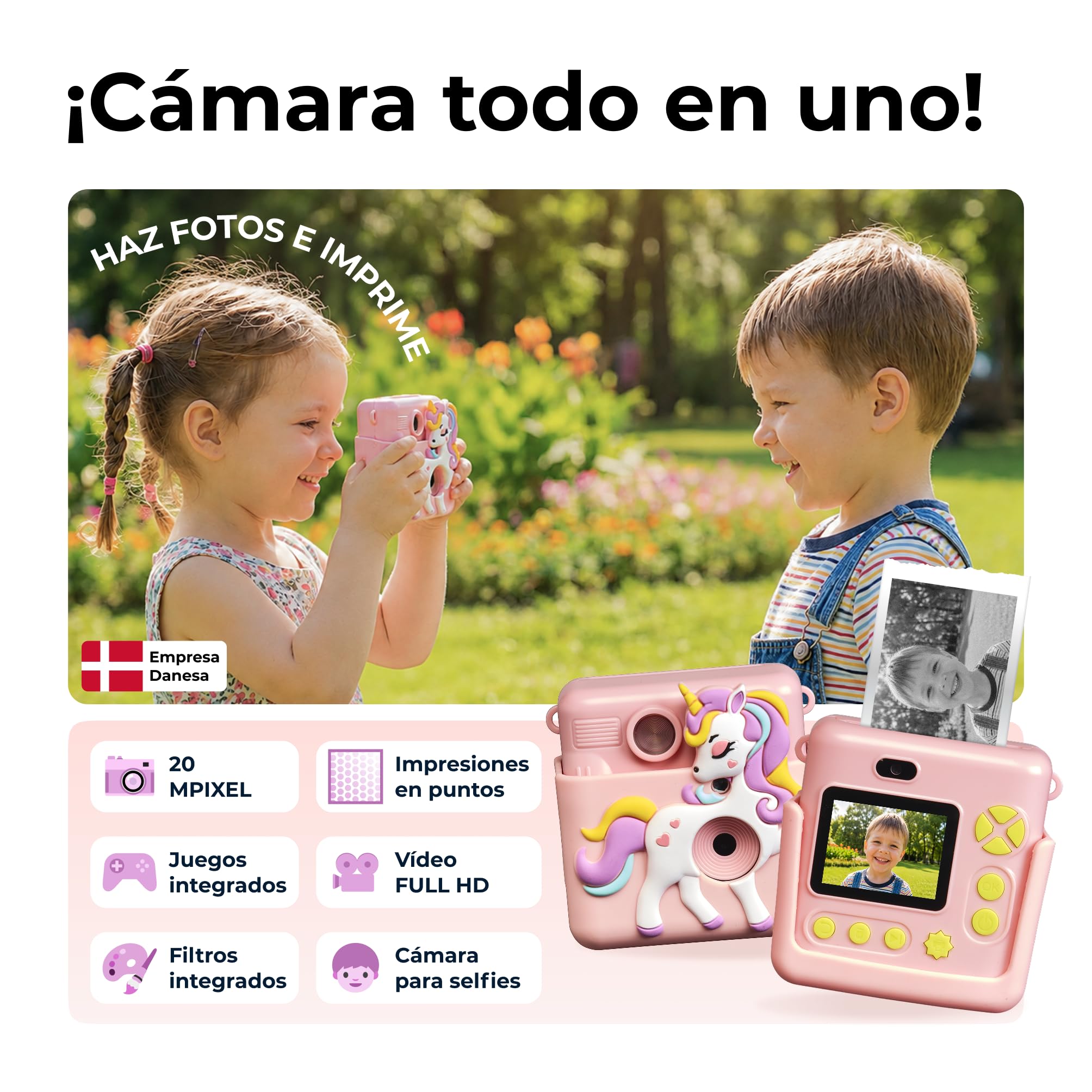 Denver KPC-1363 Cámara Infantil con impresión térmica Rosa, Pantalla 2”, vídeo 1080p, Fotos 20 MP, 3 Rollos incluidos