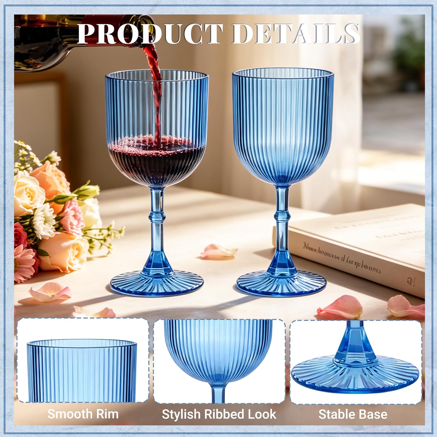 Plastic Goblets, 9oz Ribbed Acrylic Wine Glasses, Vintage Drinking Glasses with Stem, Unbreakable Reusable Disposable Water Goblets Bulk for Parties Weddings Dinner Mother's Day (Blue, 24pcs)
