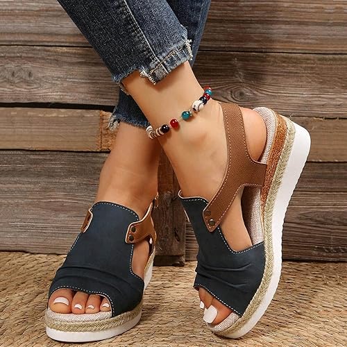 Miniatura 3 de Dheva-C Sandalias ortopédicas de cuña para mujer, puntera abierta, correa al tobillo, sandalias de plataforma, informales, con tiras bajas,