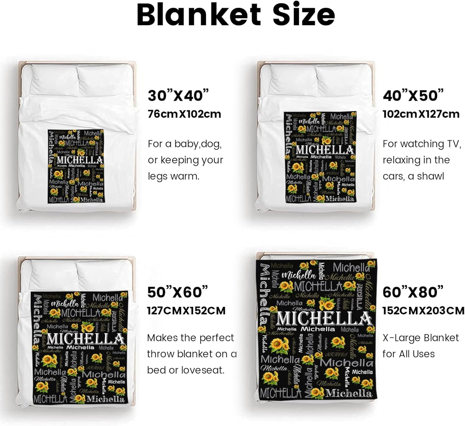 Custom Name Blanket Personalized Name Blanket Customized Throw Blankets with Text Sunflower Blankets Custom Gift for Valentine's Day Mothers Day Birthday Christmas