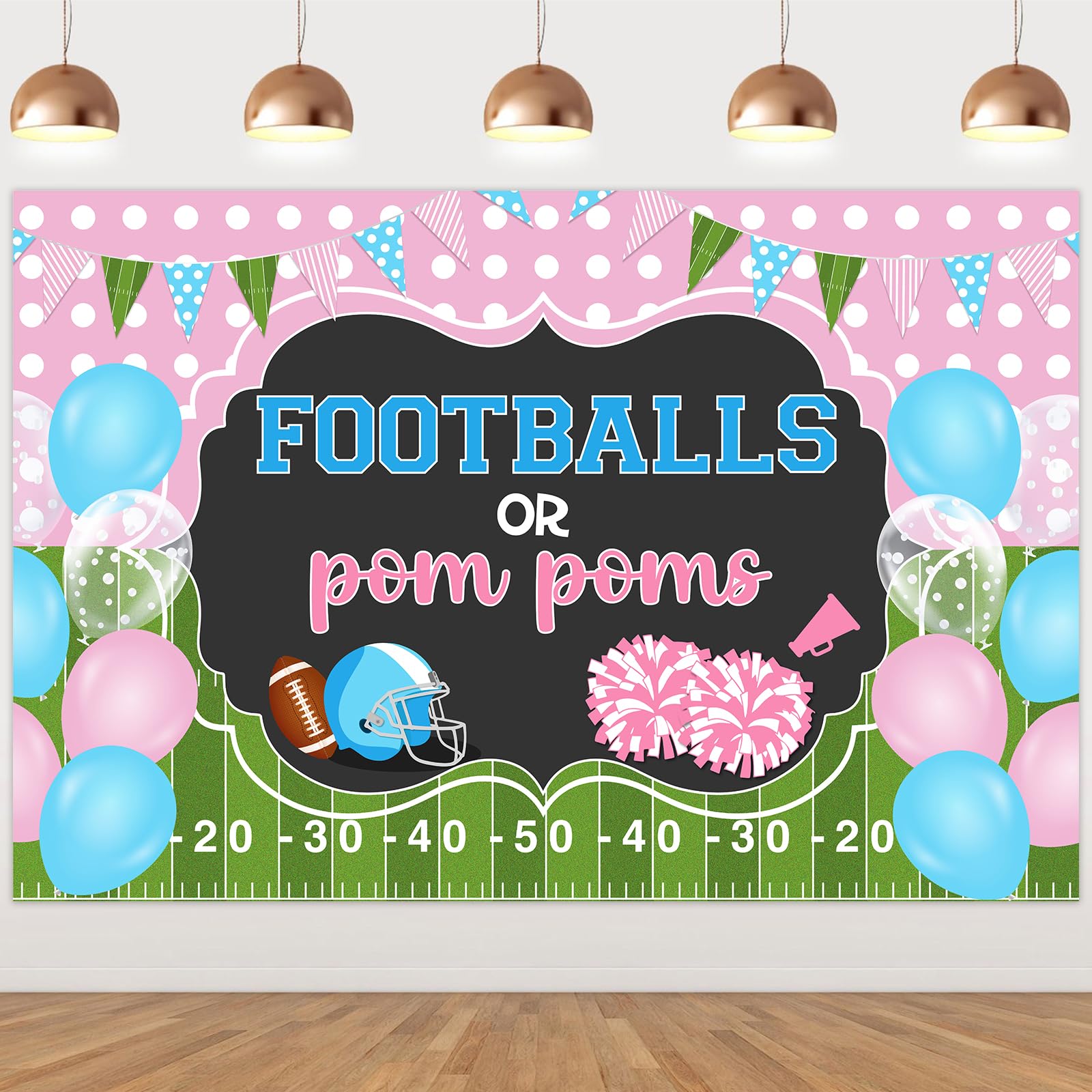 Wonmelody Football Gender Reveal Decorations 5 * 3ft Football or Pom Poms Gender-Reveal Backdrop Banner Pink and Blue Gender-reveal Soccer Baby Shower Party Decorations for Sport Baby Shower