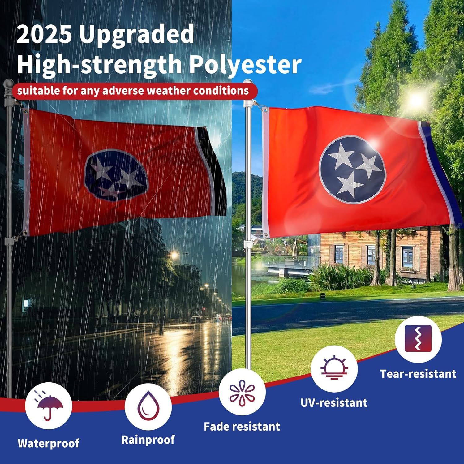 Tennessee Flag 3x5,Tennessee State Flag Outdoor,Embroidery Technique,Tear Resistant,Sewn Stripes and Brass Grommets,Upgraded High-strength Polyester Fabric,All Weather Durable State Flags. - Image 4