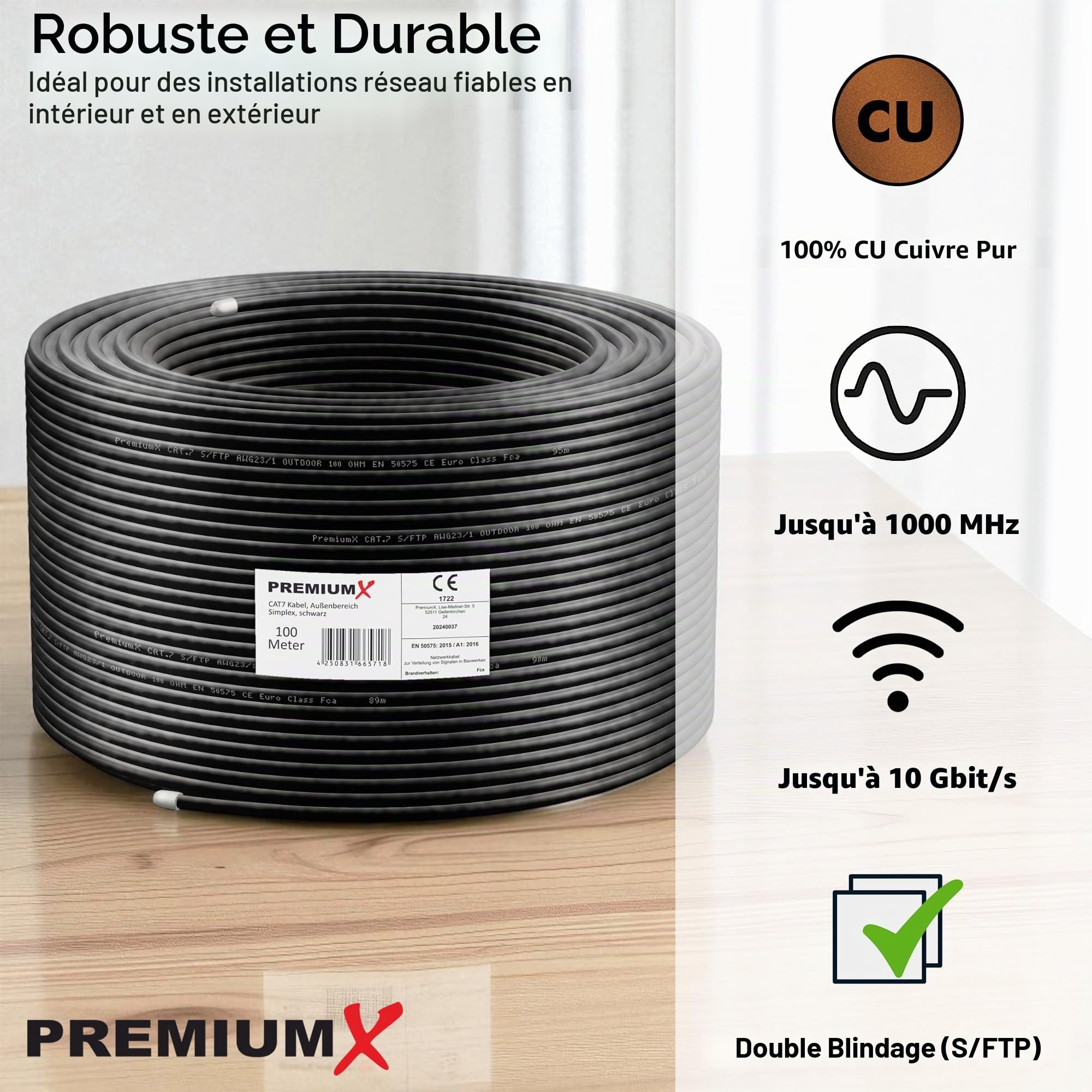 Premium X Câble réseau d'extérieur CAT 7 - 100 m - 10 Gbit/s - Câble de terre - Câble Ethernet LAN pour extérieur - S/FTP AWG23/1 - En cuivre pur - Noir