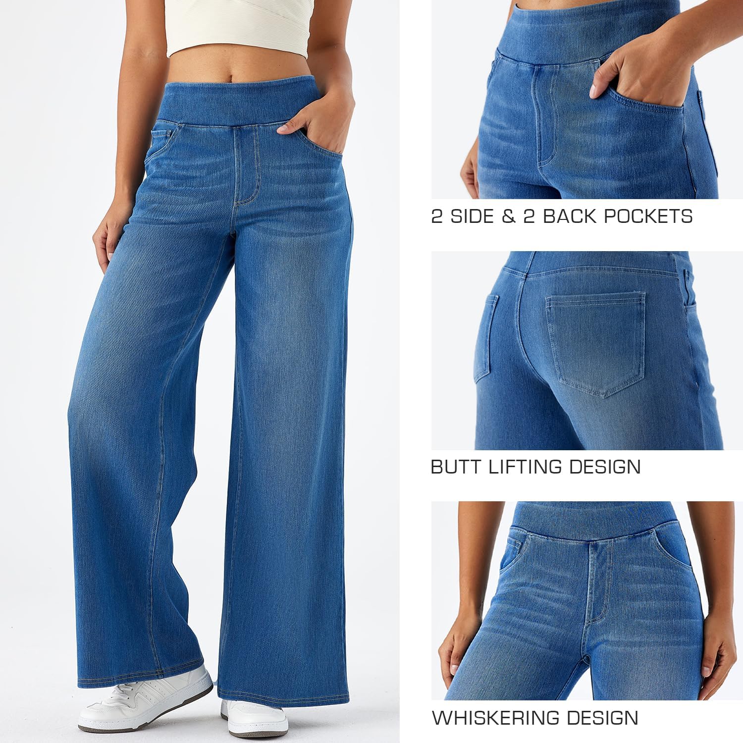 Women's High Rise Wide Leg Jeggings - Stretch Pull On Jeans-Style Pants, Soft Denim with Pockets - Image 3