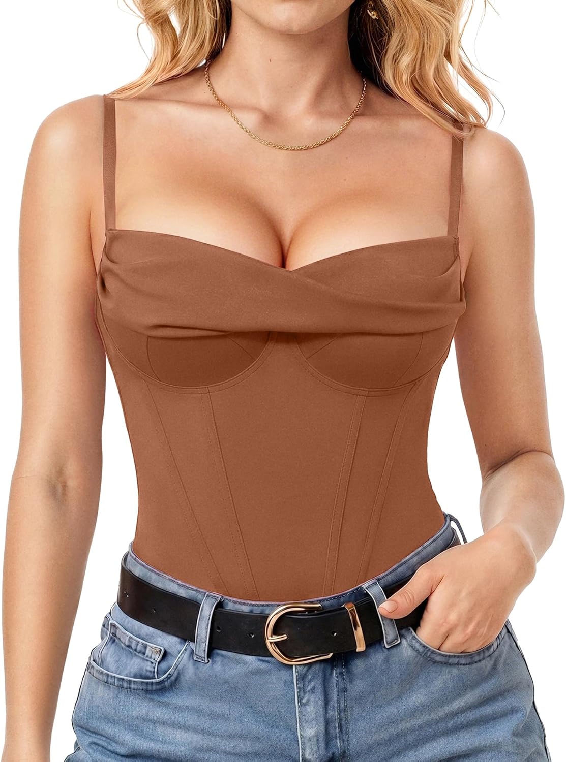 Popilush Corset Bodysuit for Women Tummy Control Shapewear Bodysuits Cowl Neck Going Out Tops Concert Outfits